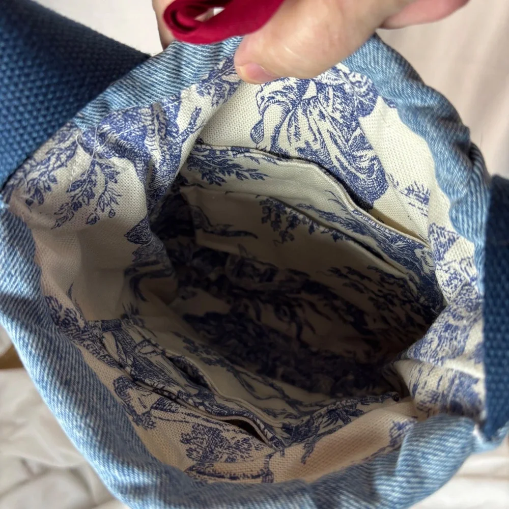 Handmade Quilted‎ Patchwork Denim Crossbody Bag Toile Lining Blue Tan Small
